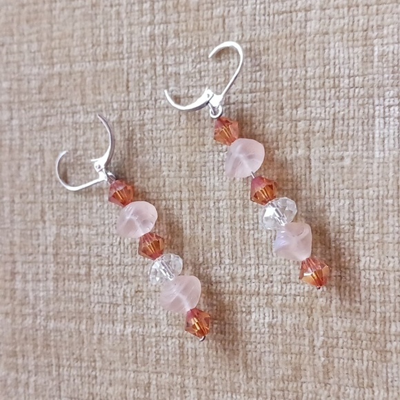 Silver Tone Leverback Pink Brown Glass Beaded Dangle Earrings - Picture 6 of 7